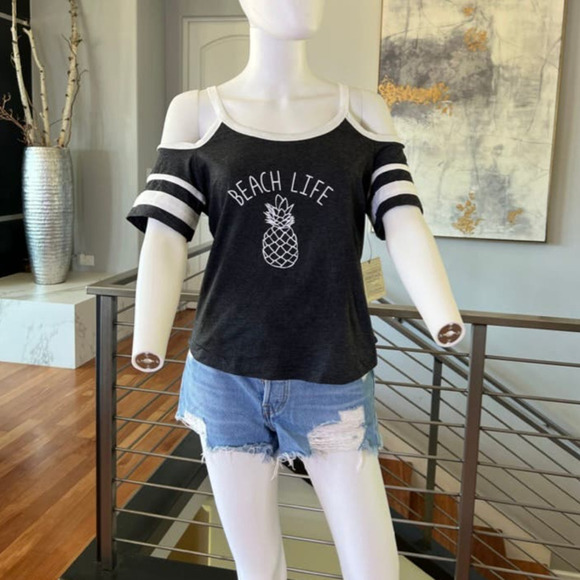 Beach Life Cold Shoulder T-Shirt in Charcoal - Picture 1 of 8